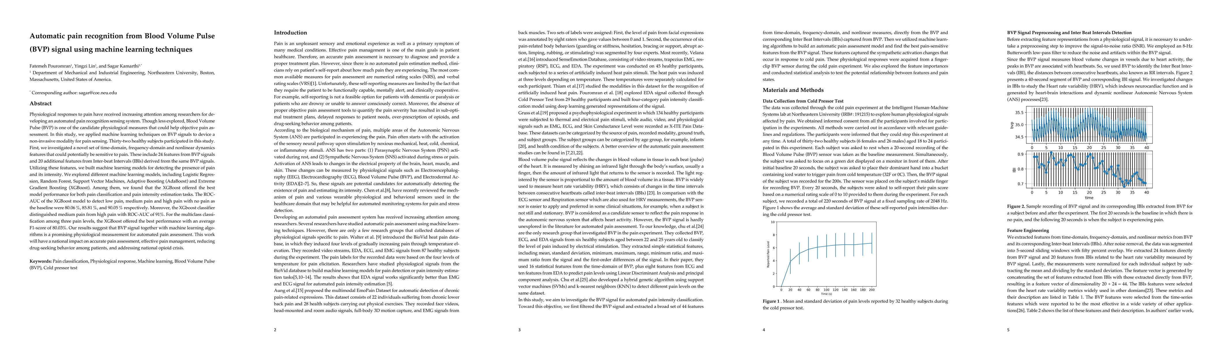 Thumbnail for Automatic pain recognition from Blood Volume Pulse (BVP) signal using
  machine learning techniques