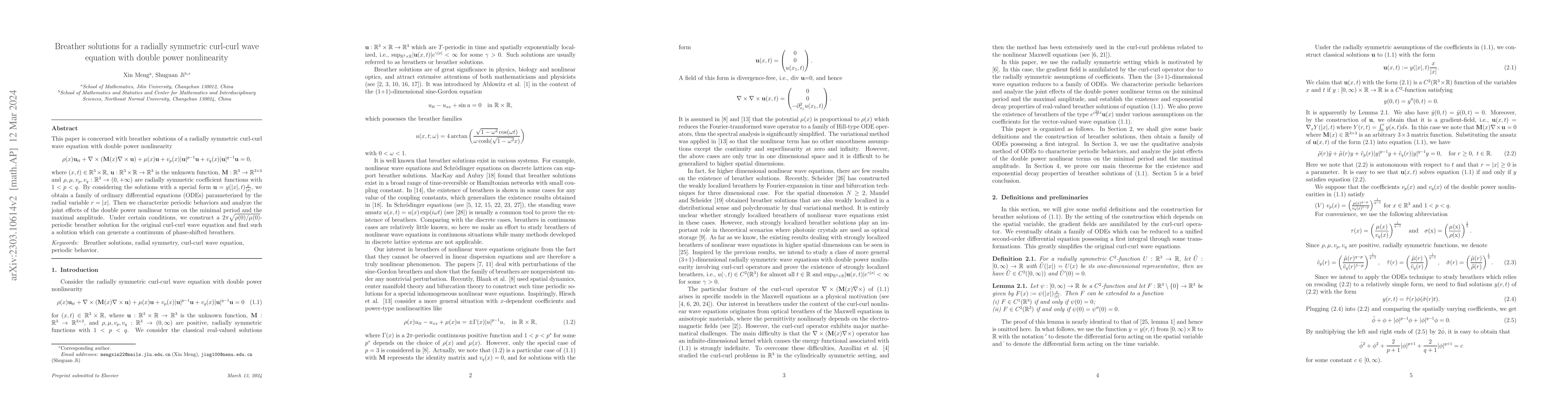 Thumbnail for Breather solutions for a radially symmetric curl-curl wave equation with
  double power nonlinearity