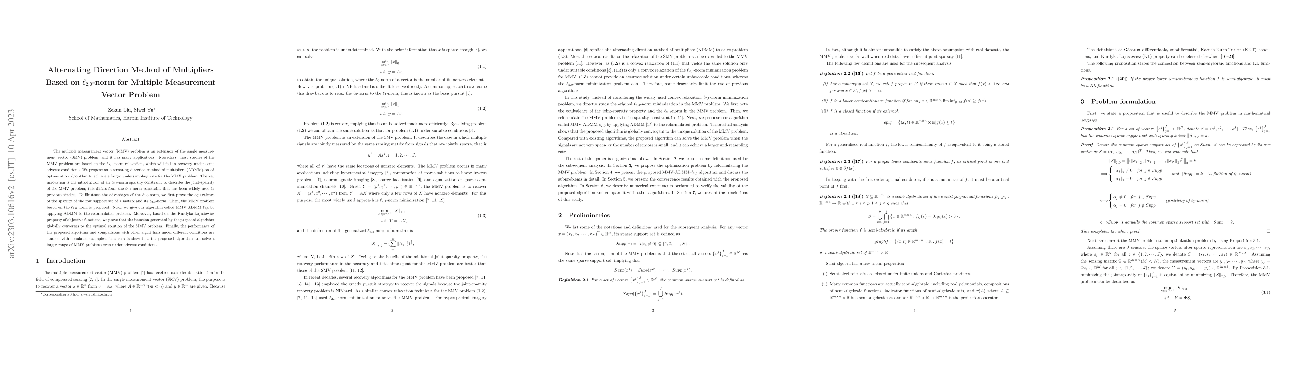 Thumbnail for Alternating Direction Method of Multipliers Based on $\ell_{2,0}$-norm
  for Multiple Measurement Vector Problem