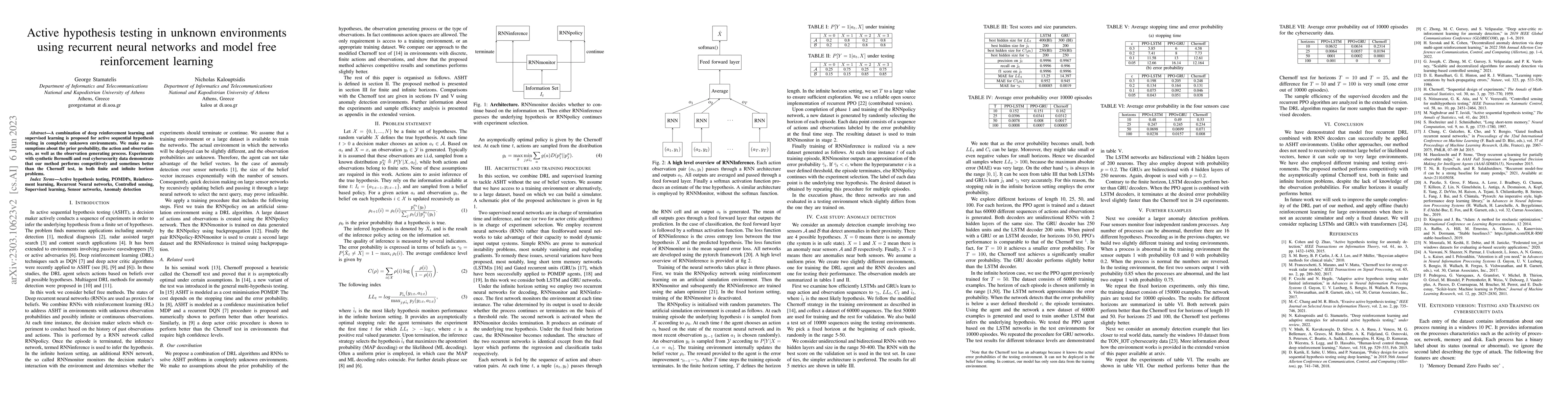 Thumbnail for Active hypothesis testing in unknown environments using recurrent neural
  networks and model free reinforcement learning