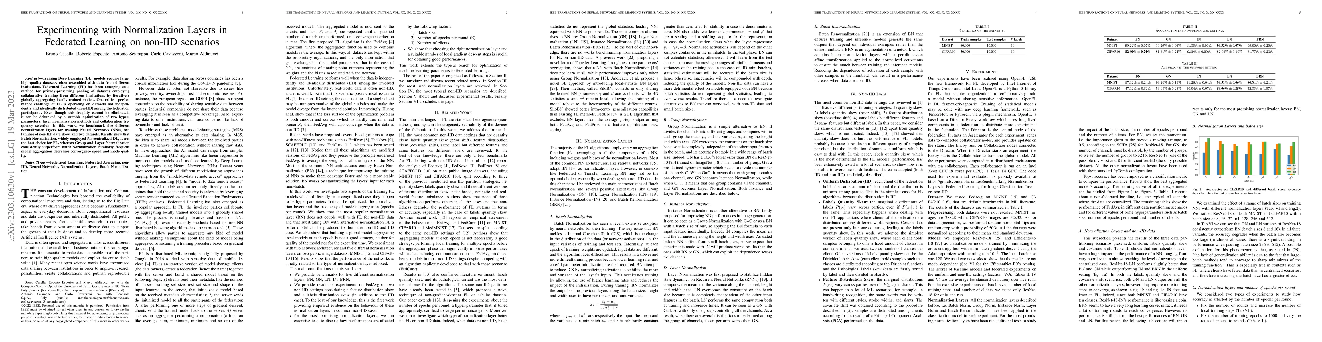 Thumbnail for Experimenting with Normalization Layers in Federated Learning on non-IID
  scenarios