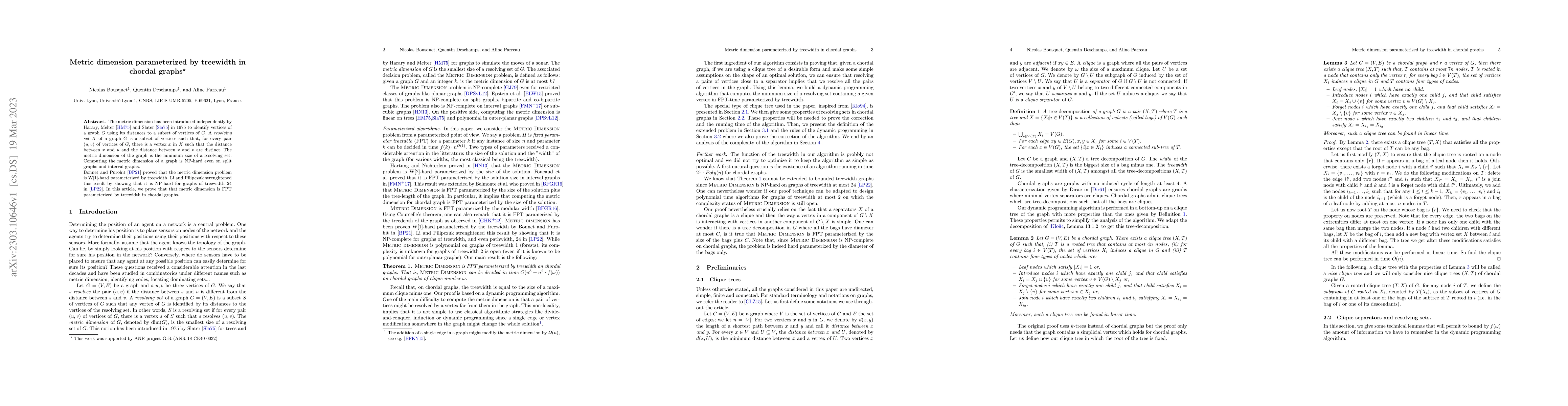 Thumbnail for Metric dimension parameterized by treewidth in chordal graphs