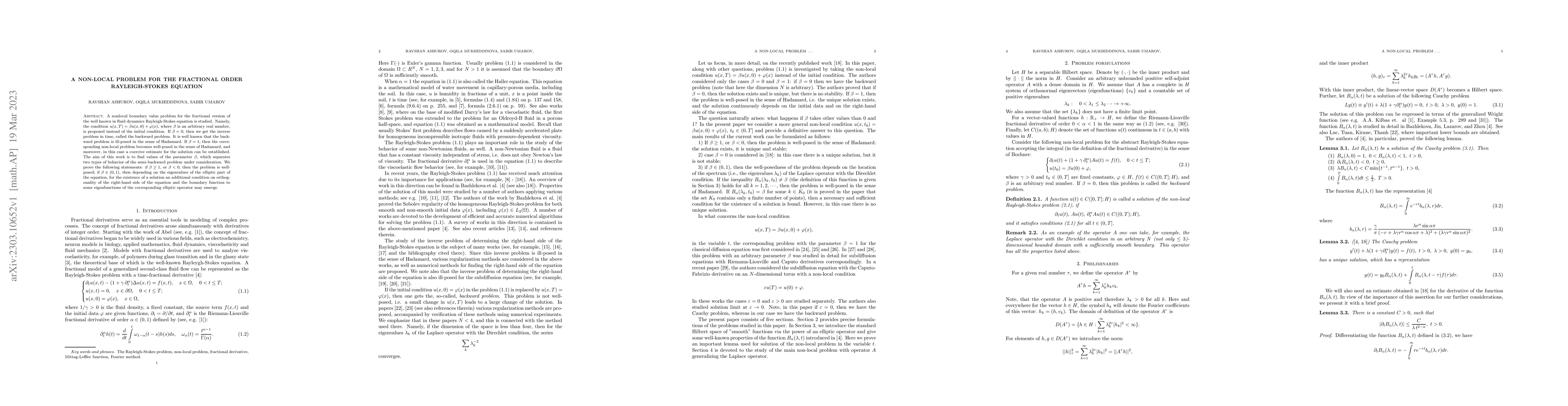 Thumbnail for A non-local problem for the fractional order Rayleigh-Stokes equation