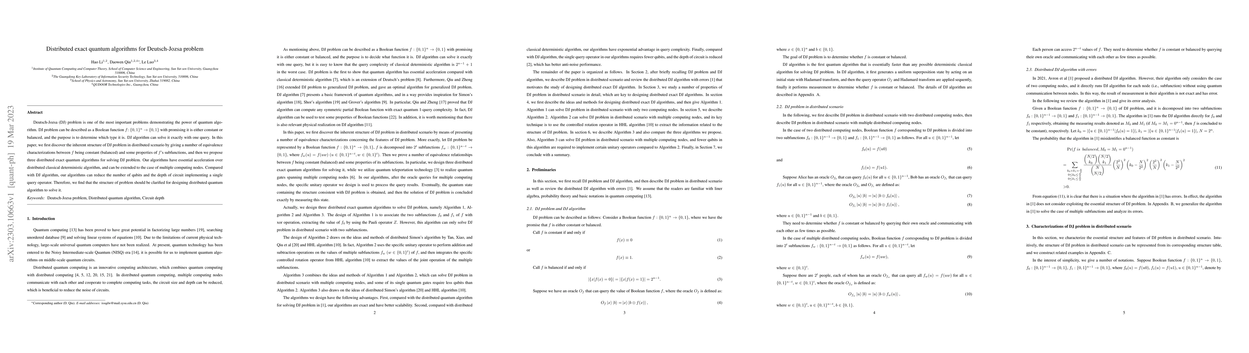 Thumbnail for Distributed exact quantum algorithms for Deutsch-Jozsa problem