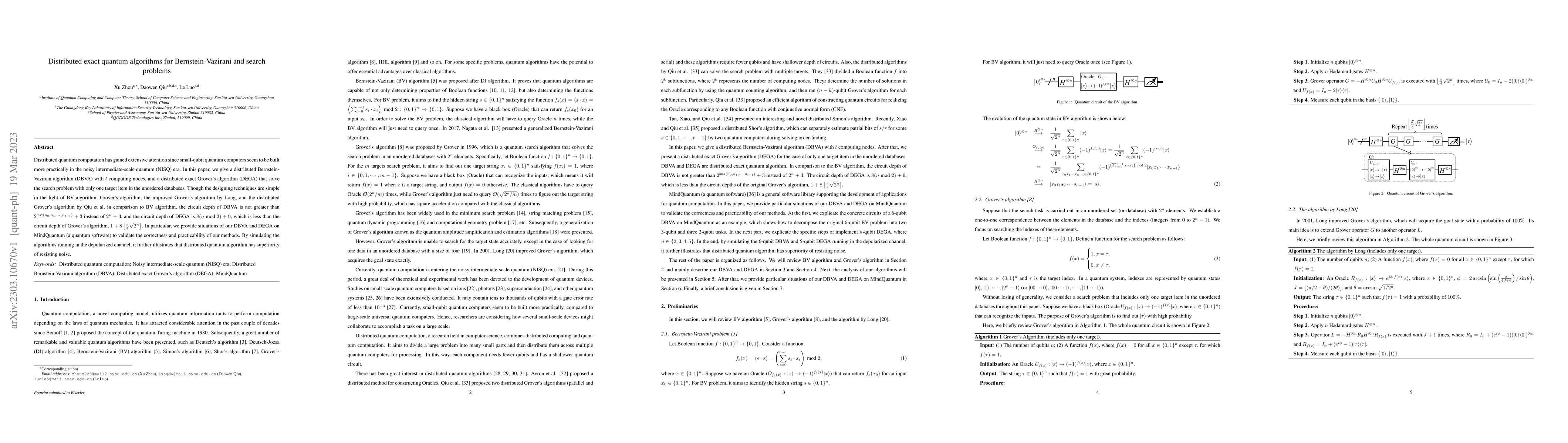 Thumbnail for Distributed exact quantum algorithms for Bernstein-Vazirani and search
  problems