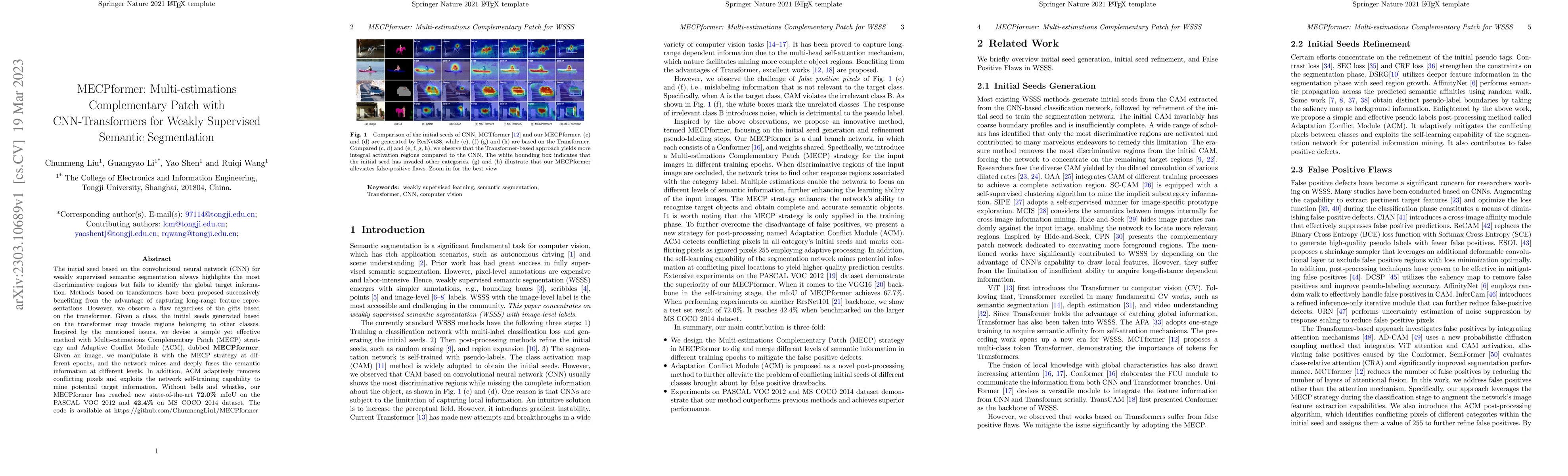 Thumbnail for MECPformer: Multi-estimations Complementary Patch with CNN-Transformers
  for Weakly Supervised Semantic Segmentation