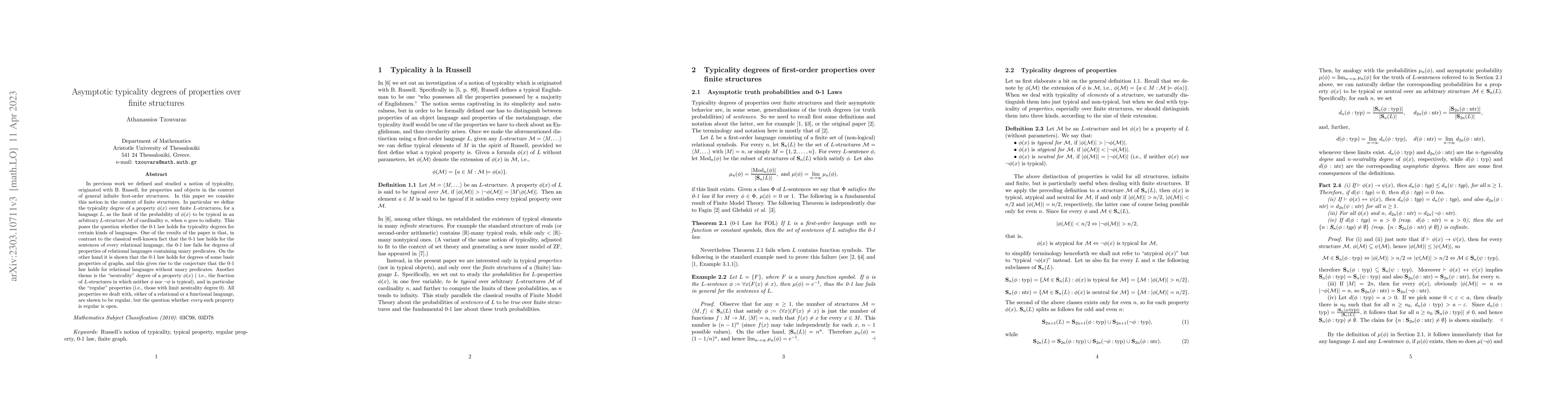 Thumbnail for Asymptotic typicality degrees of properties over finite structures