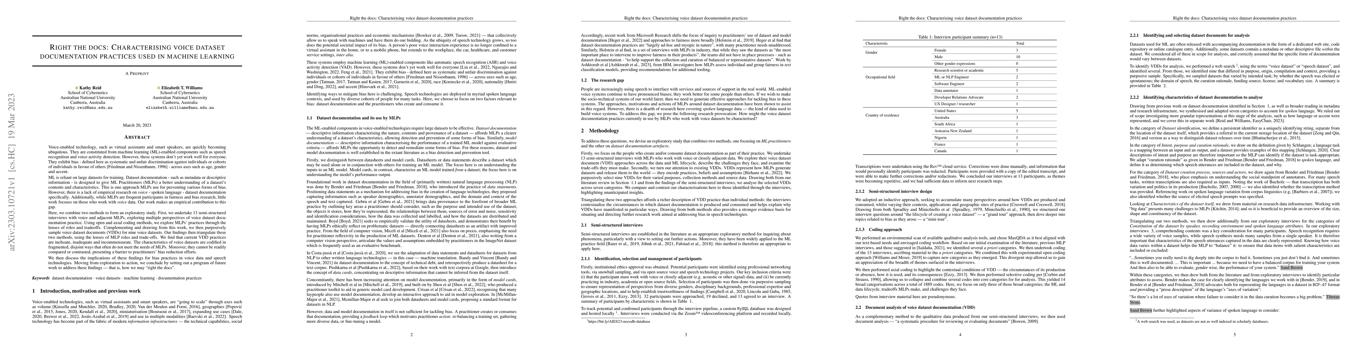 Thumbnail for Right the docs: Characterising voice dataset documentation practices
  used in machine learning