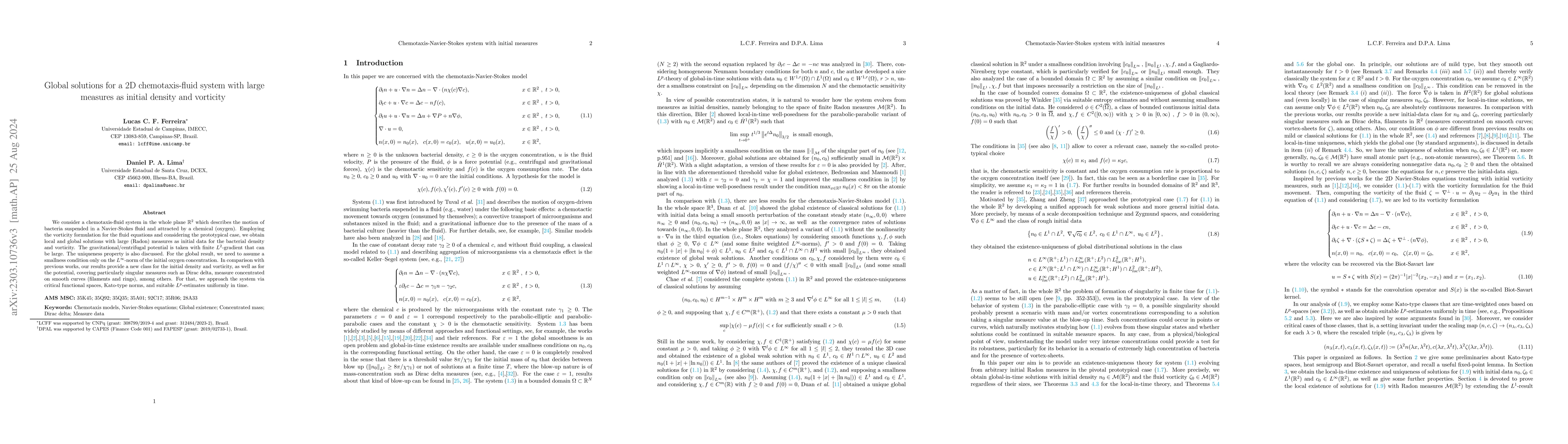 Thumbnail for Global solutions for a 2D chemotaxis-fluid system with large measures as
  initial density and vorticity