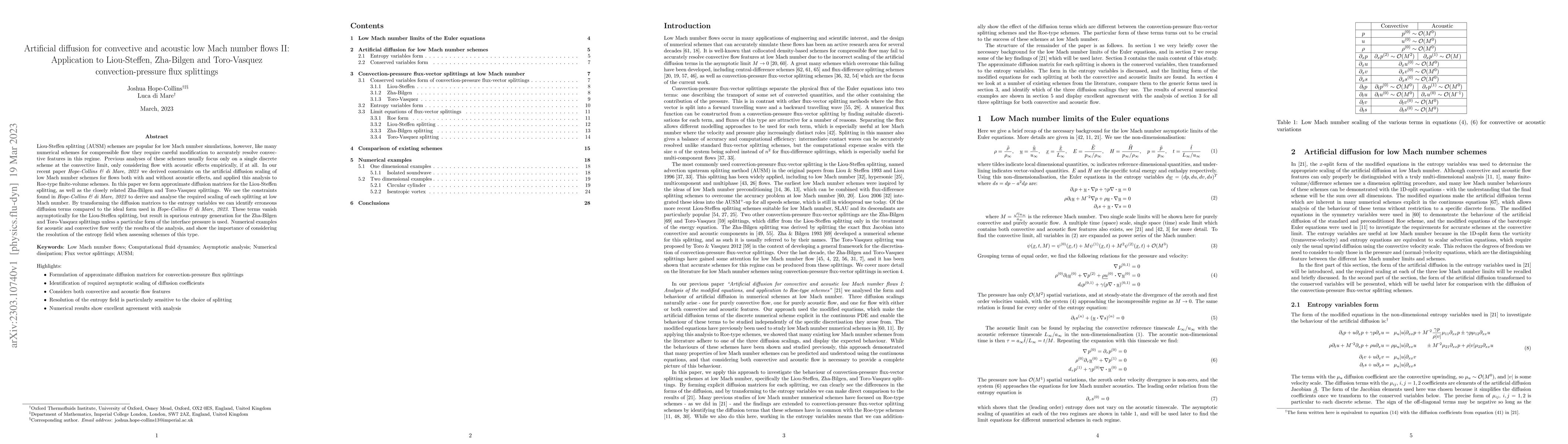 Thumbnail for Artificial diffusion for convective and acoustic low Mach number flows
  II: Application to Liou-Steffen, Zha-Bilgen and Toro-Vasquez
  convection-pressure flux splittings