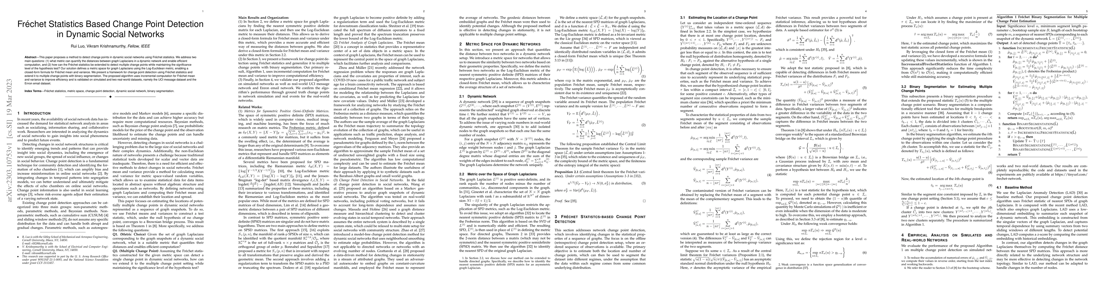 Thumbnail for Fr\'echet Statistics Based Change Point Detection in Dynamic Social
  Networks
