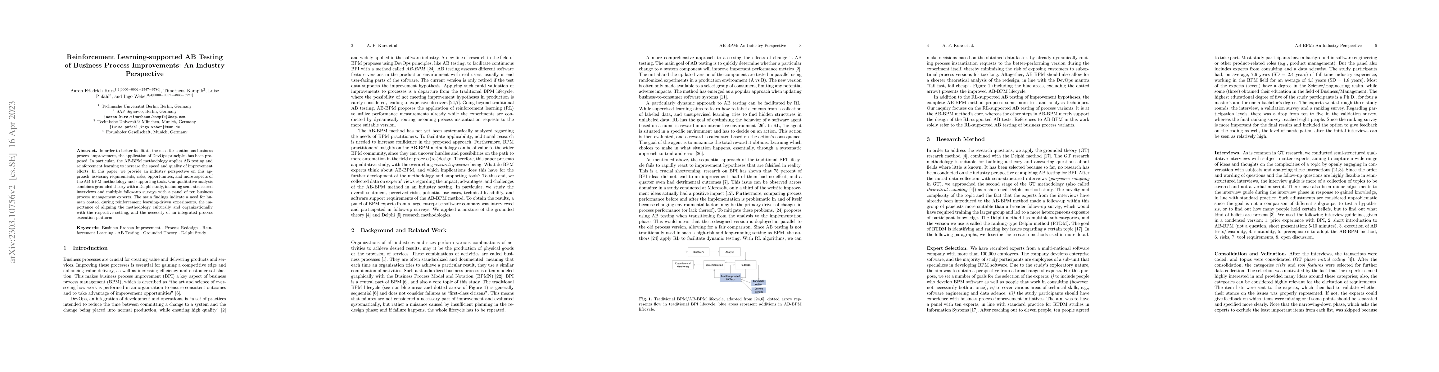 Thumbnail for Reinforcement Learning-supported AB Testing of Business Process
  Improvements: An Industry Perspective