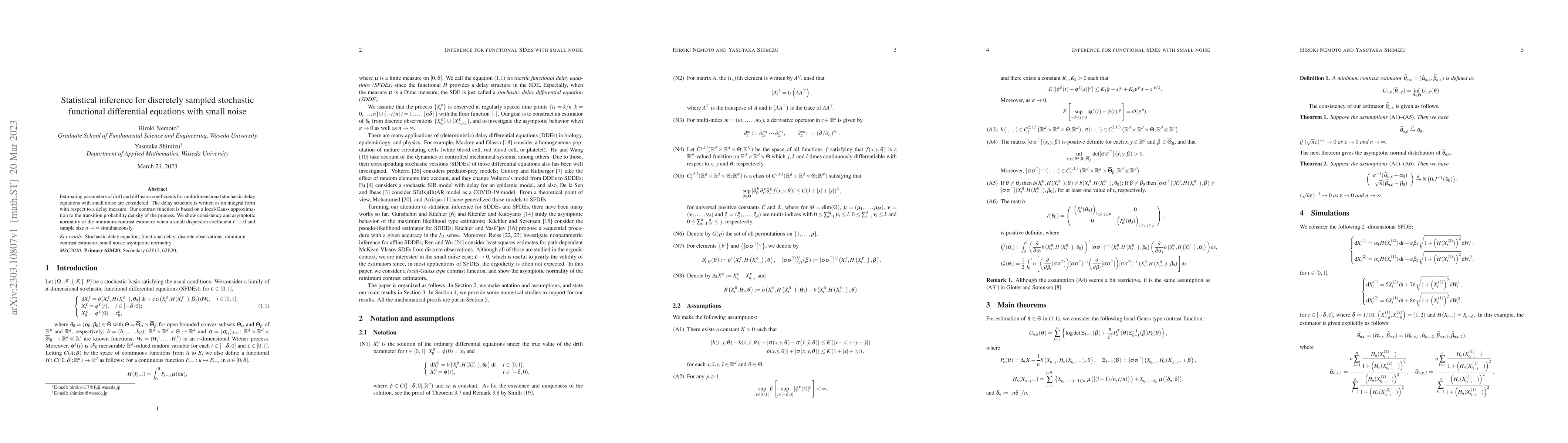 Thumbnail for Statistical inference for discretely sampled stochastic functional
  differential equations with small noise