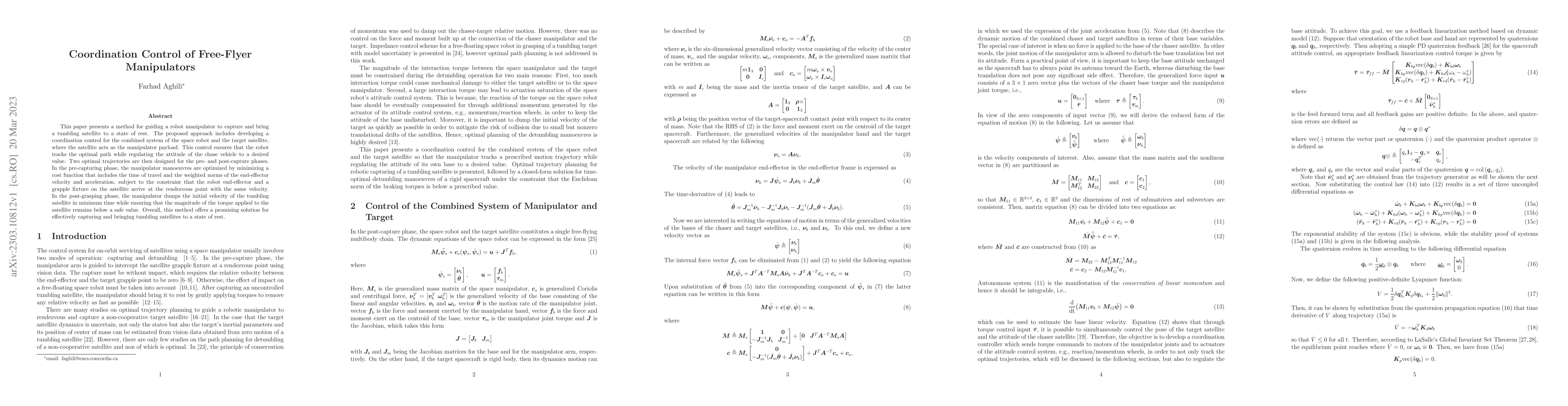 Thumbnail for Coordination Control of Free-Flyer Manipulators