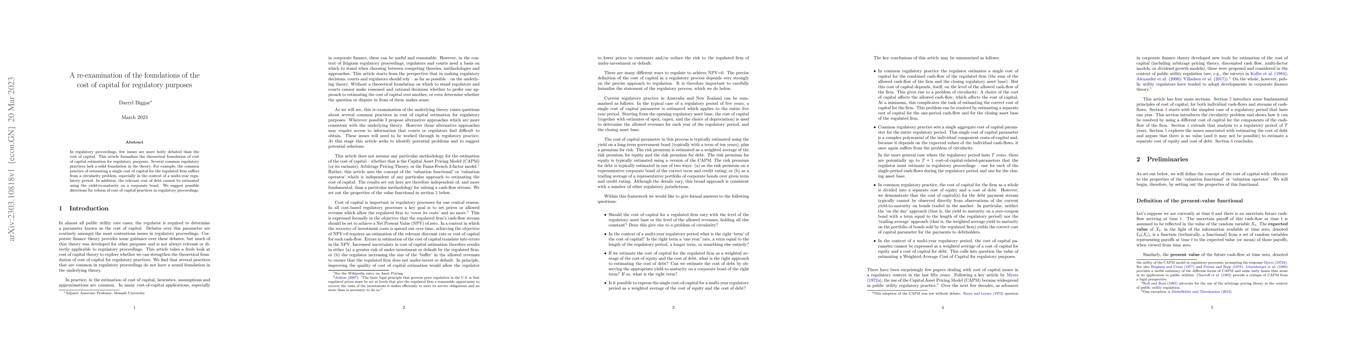 Thumbnail for A Re-Examination of the Foundations of Cost of Capital for Regulatory
  Purposes