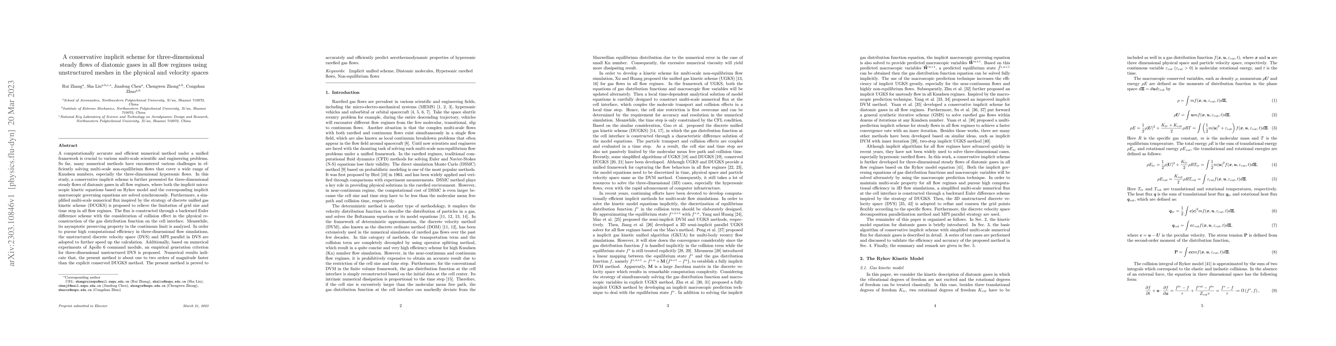 Thumbnail for A conservative implicit scheme for three-dimensional steady flows of
  diatomic gases in all flow regimes using unstructured meshes in the physical
  and velocity spaces