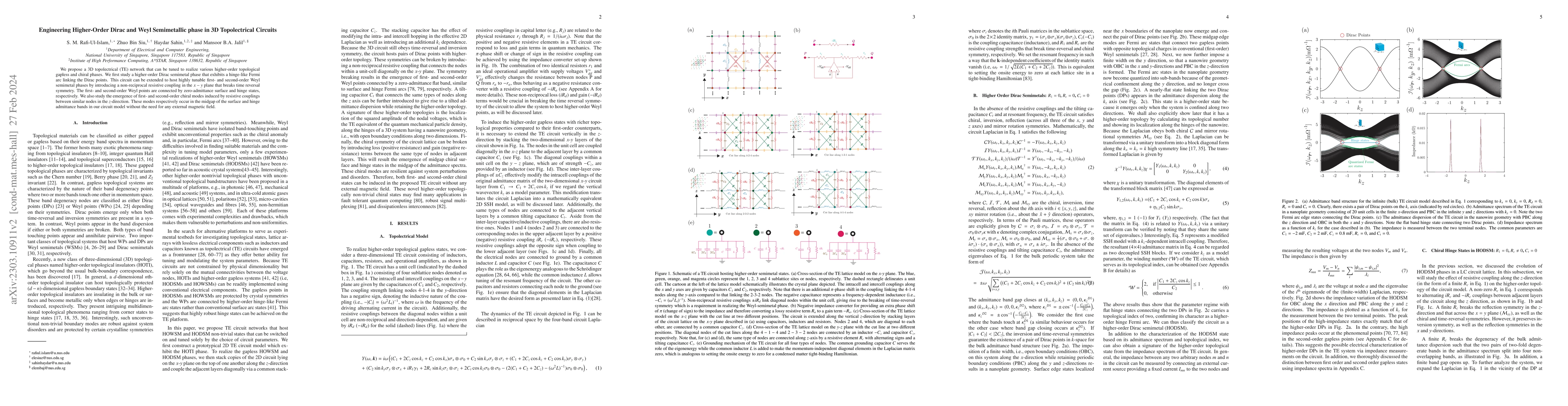 Thumbnail for Engineering Higher-Order Dirac and Weyl Semimetallic phase in 3D
  Topolectrical Circuits