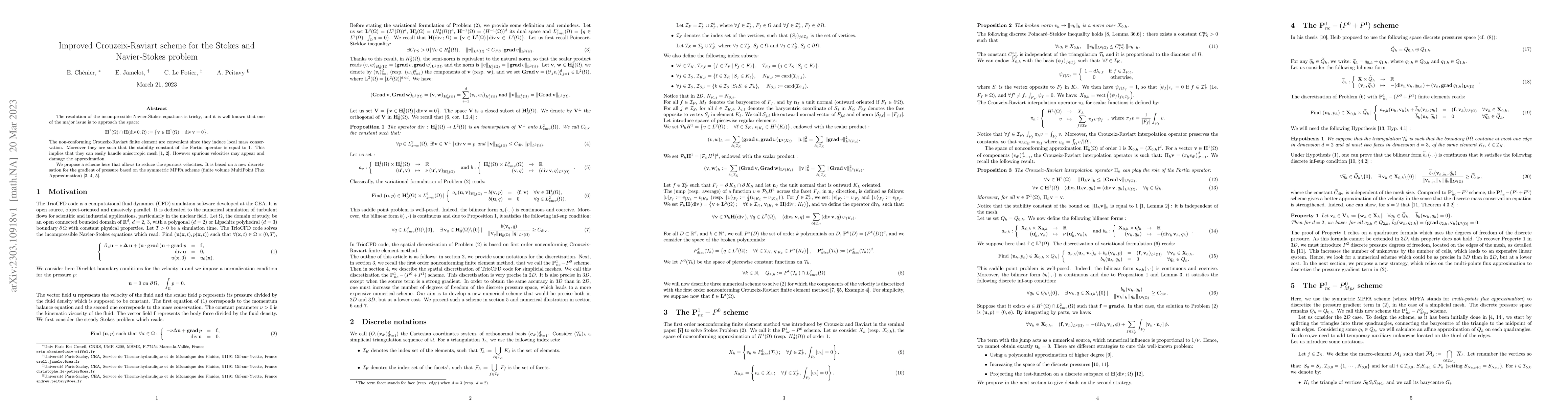 Thumbnail for Improved Crouzeix-Raviart scheme for the Stokes and Navier-Stokes
  problem
