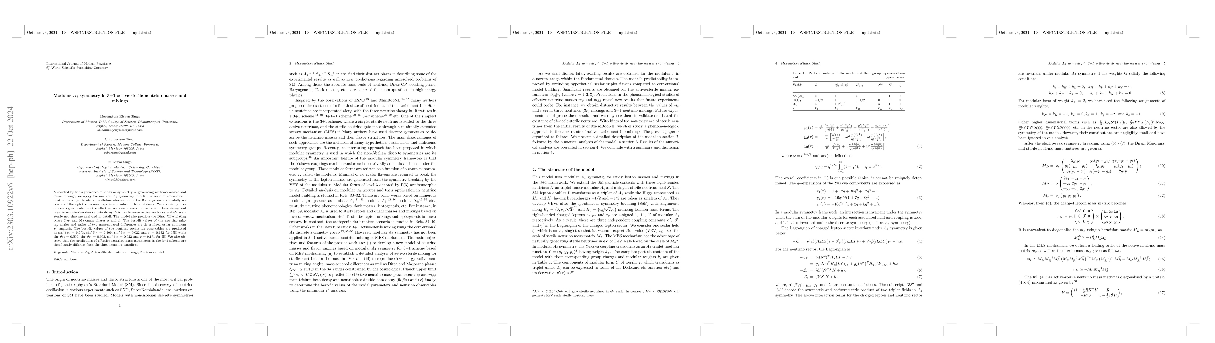 Thumbnail for Modular $A_4$ symmetry in 3+1 active-sterile neutrino masses and mixings
