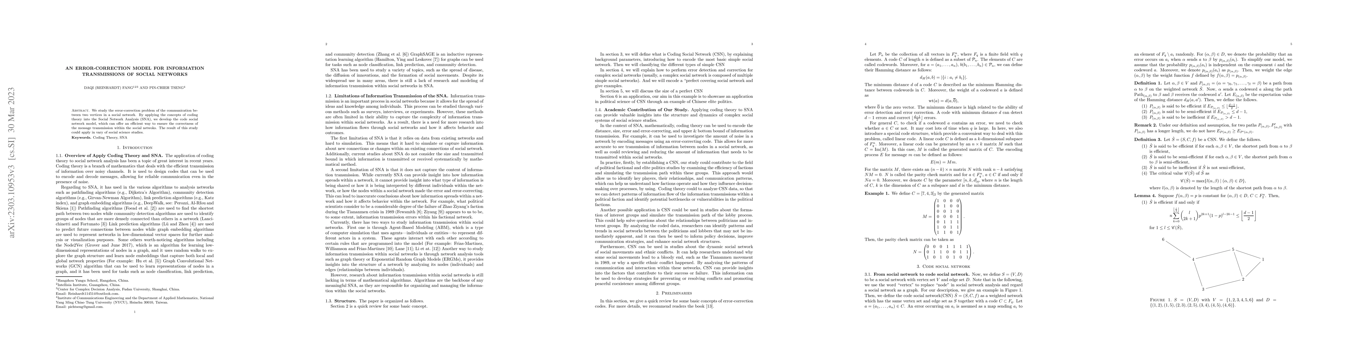 Thumbnail for An Error-Correction Model for Information Transmissions of Social
  Networks