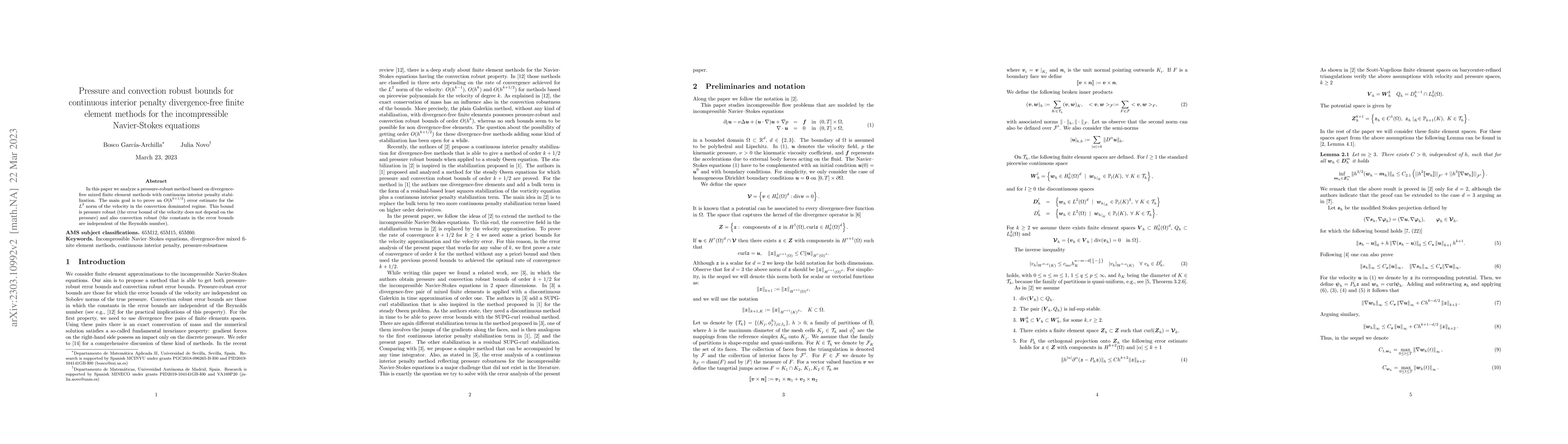 Thumbnail for Pressure and convection robust bounds for continuous interior penalty
  divergence-free finite element methods for the incompressible Navier-Stokes
  equations