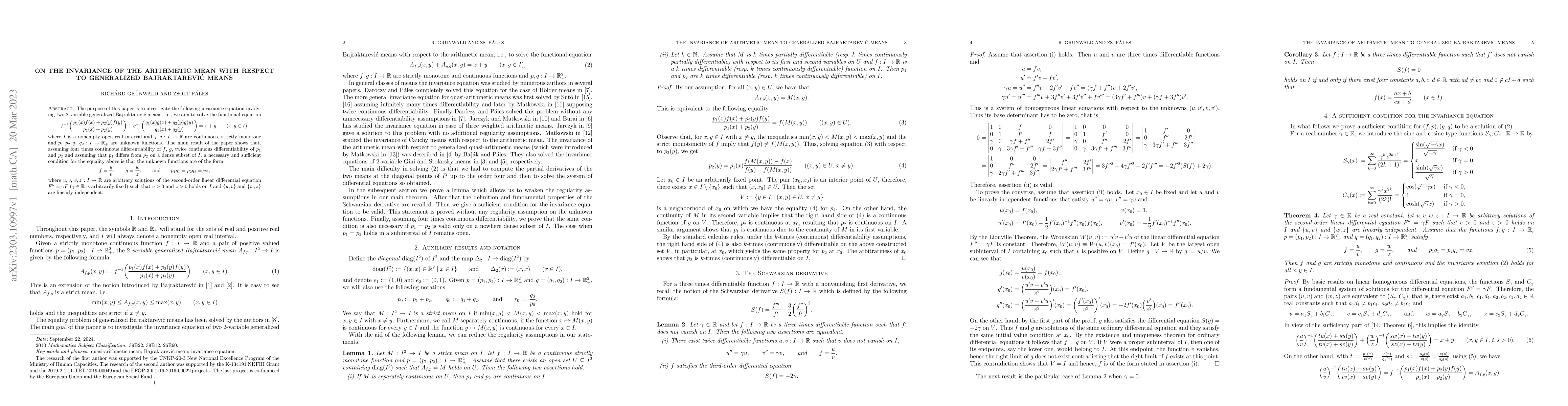 Thumbnail for On the invariance of the arithmetic mean with respect to generalized
  Bajraktarevi\'c means