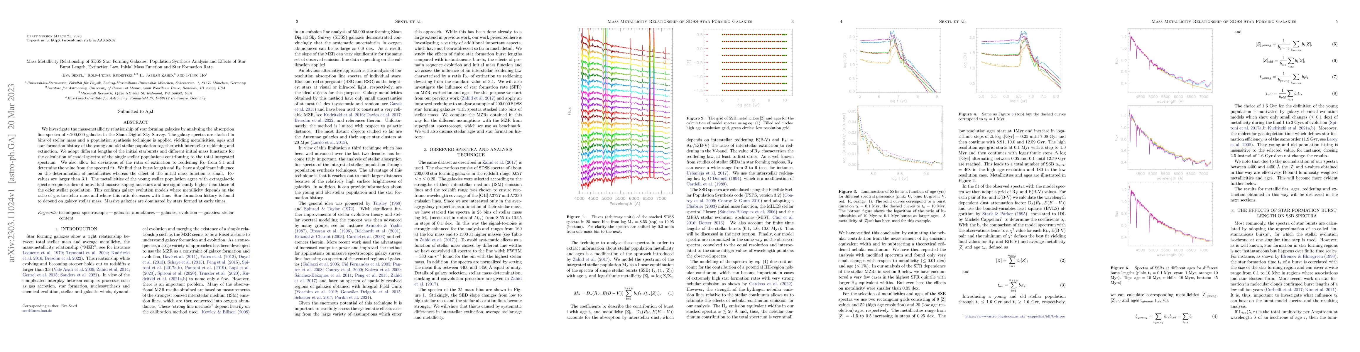 Thumbnail for Mass Metallicity Relationship of SDSS Star Forming Galaxies: Population
  Synthesis Analysis and Effects of Star Burst Length, Extinction Law, Initial
  Mass Function and Star Formation Rate