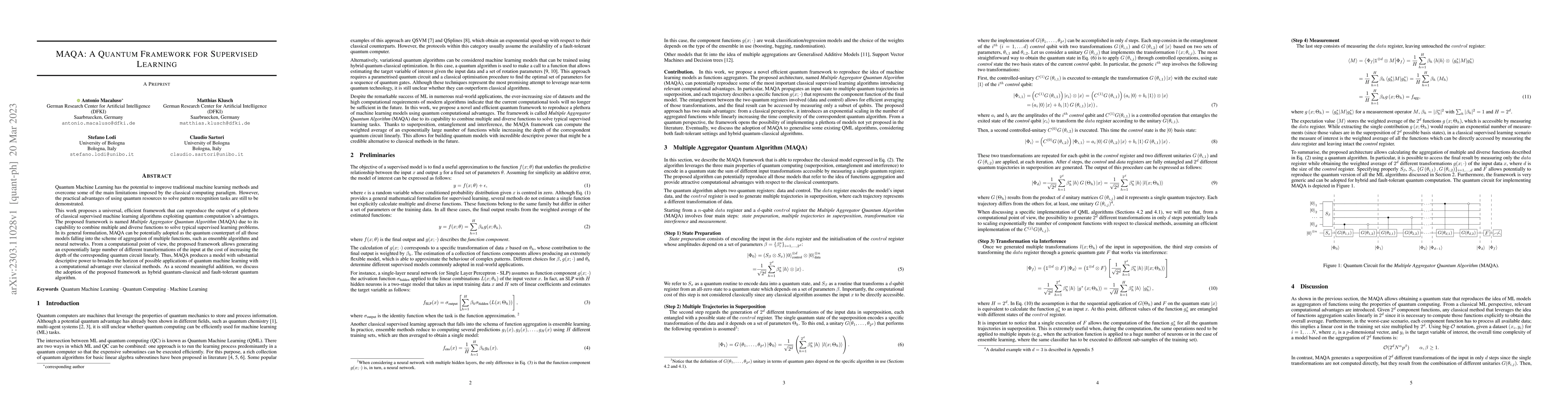 Thumbnail for MAQA: A Quantum Framework for Supervised Learning