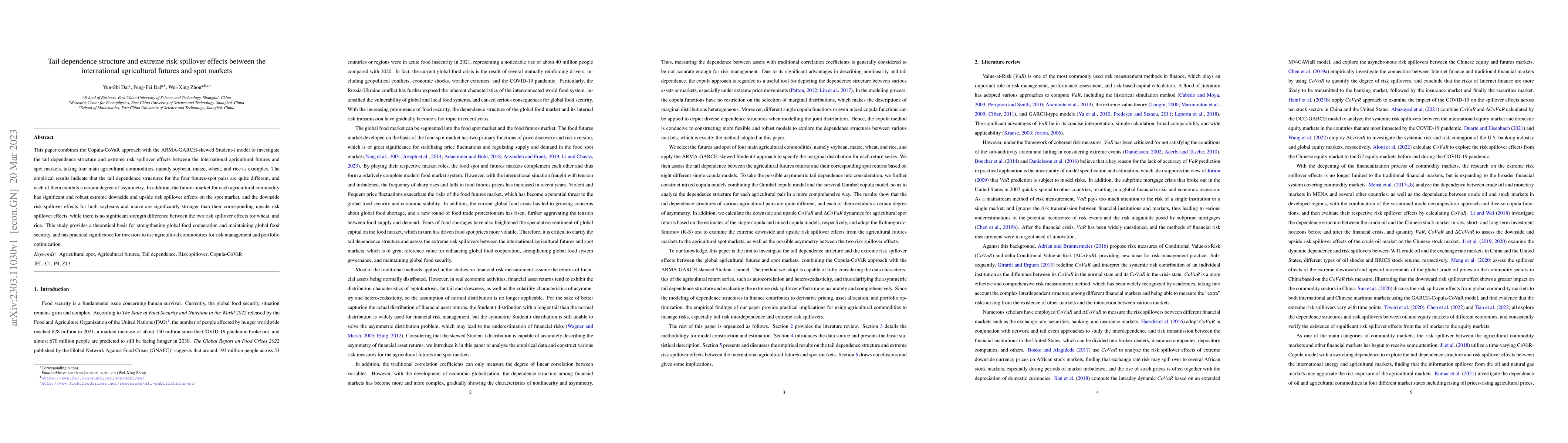 Thumbnail for Tail dependence structure and extreme risk spillover effects between the
  international agricultural futures and spot markets