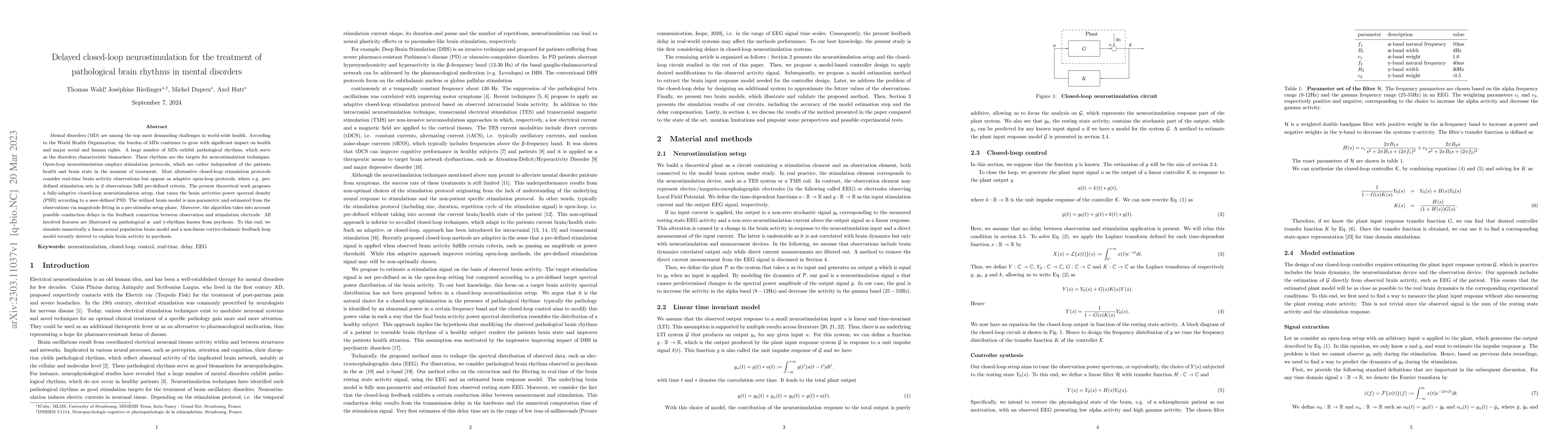 Thumbnail for Delayed closed-loop neurostimulation for the treatment of pathological
  brain rhythms in mental disorders