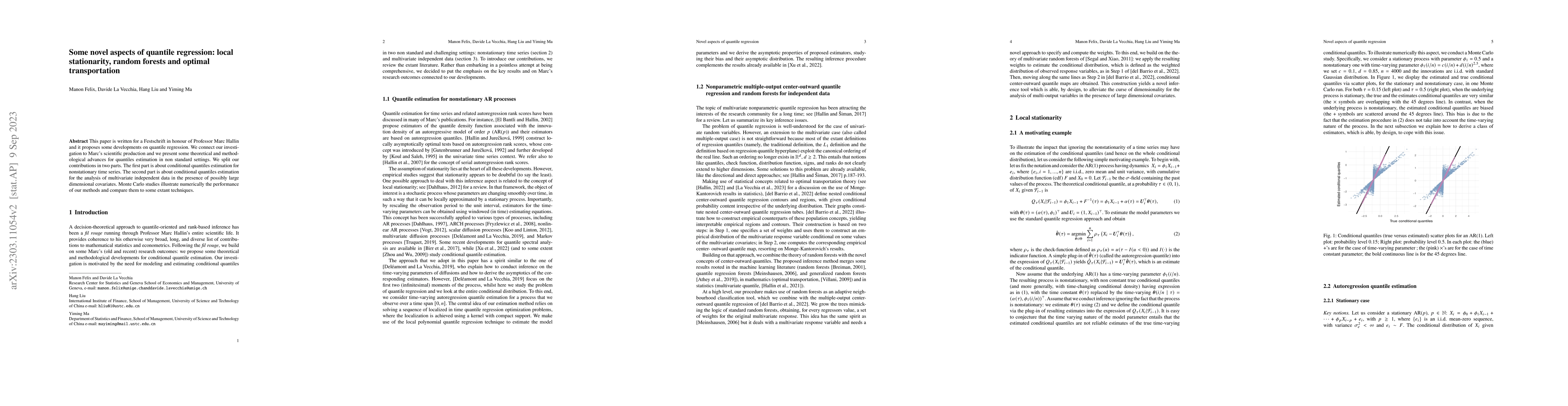 Thumbnail for Some novel aspects of quantile regression: local stationarity, random
  forests and optimal transportation