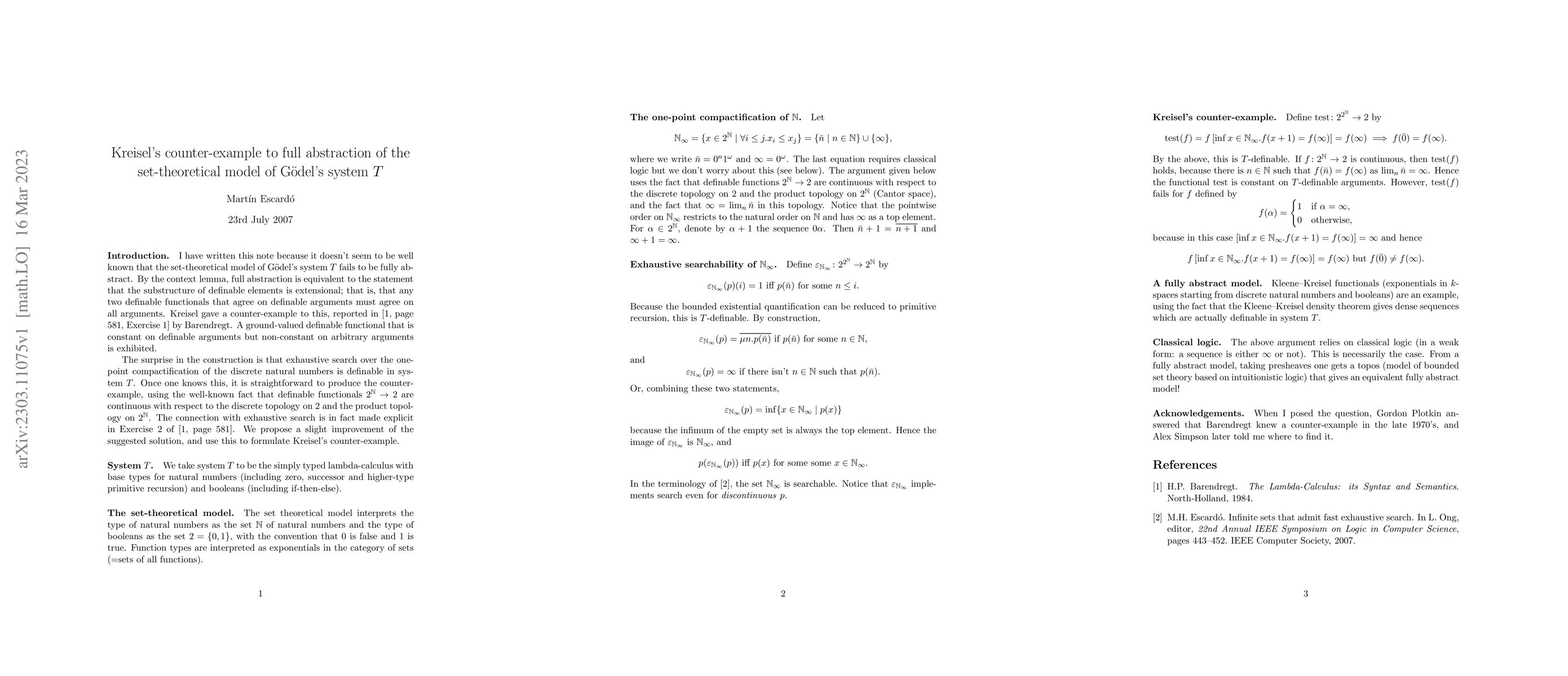Thumbnail for Kreisel's counter-example to full abstraction of the set-theoretical
  model of Goedel's system T