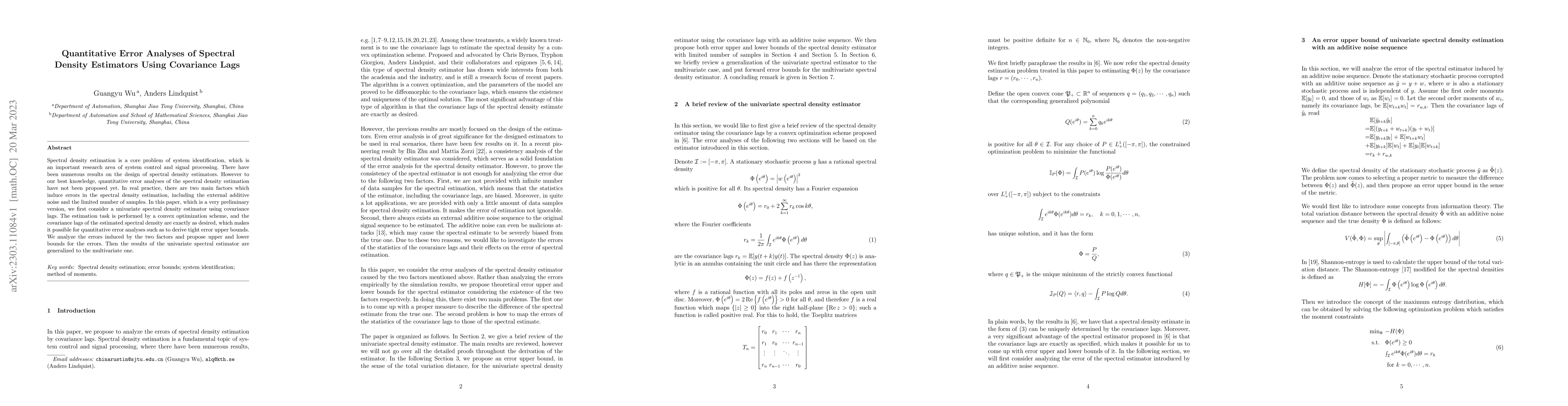 Thumbnail for Quantitative Error Analyses of Spectral Density Estimators Using
  Covariance Lags