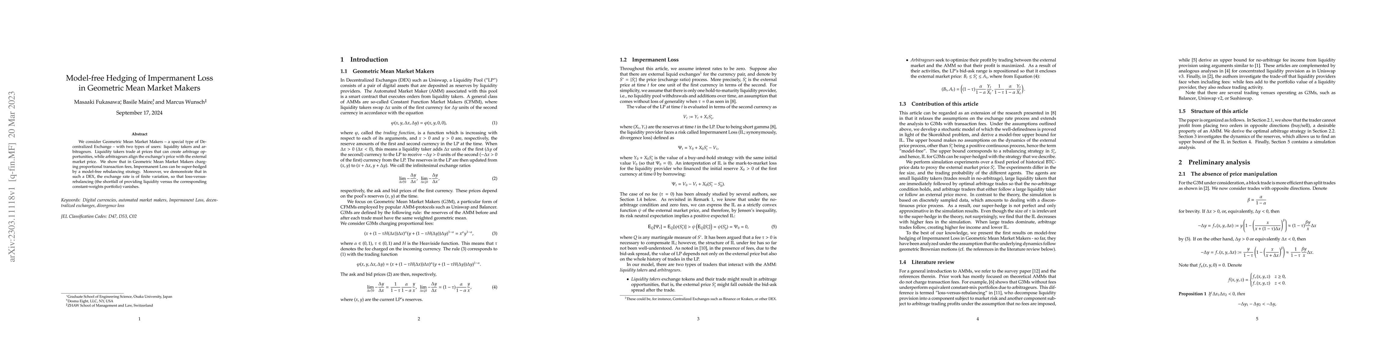 Thumbnail for Model-free Hedging of Impermanent Loss in Geometric Mean Market Makers