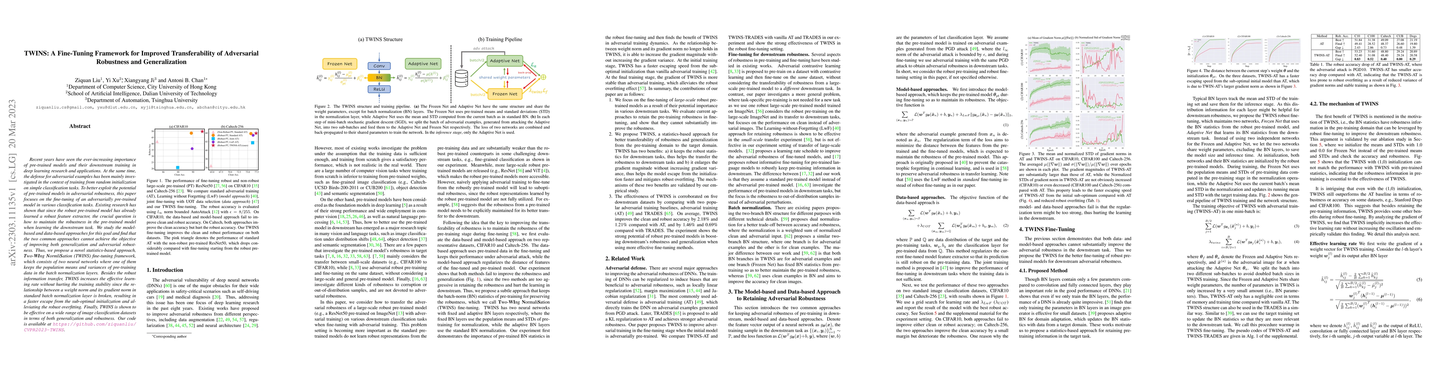 Thumbnail for TWINS: A Fine-Tuning Framework for Improved Transferability of
  Adversarial Robustness and Generalization