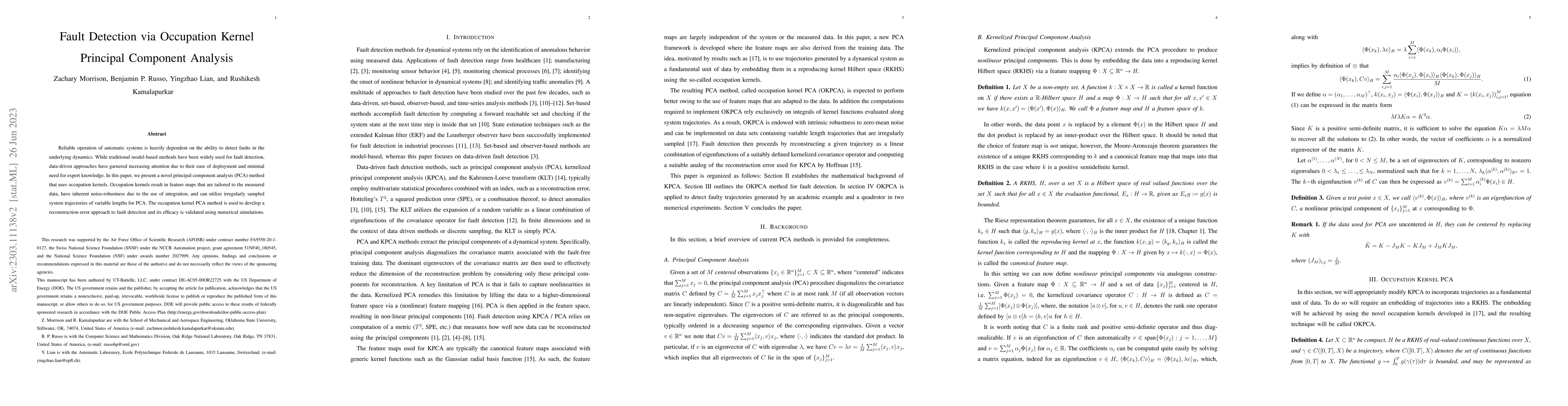 Thumbnail for Fault Detection via Occupation Kernel Principal Component Analysis