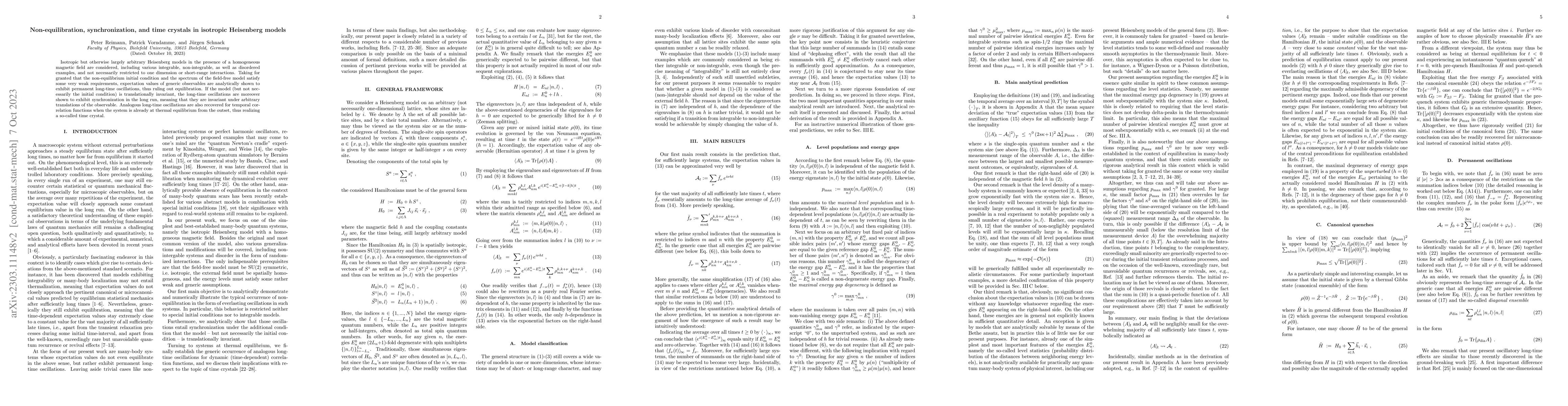 Thumbnail for Non-equilibration, synchronization, and time crystals in isotropic
  Heisenberg models