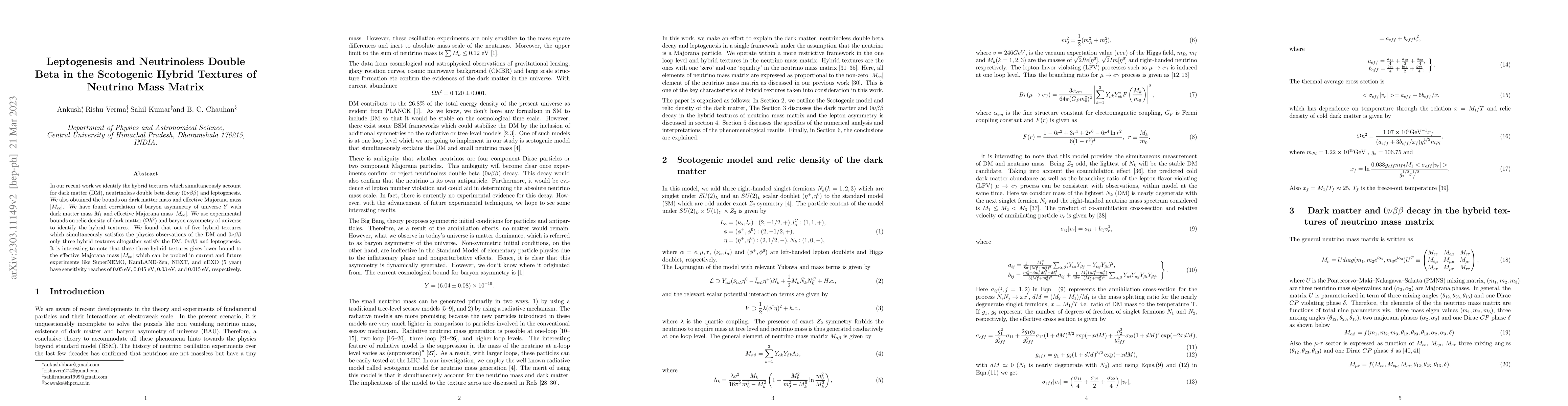 Thumbnail for Leptogenesis and Neutrinoless Double Beta Decay in the Scotogenic Hybrid
  Textures of Neutrino Mass Matrix