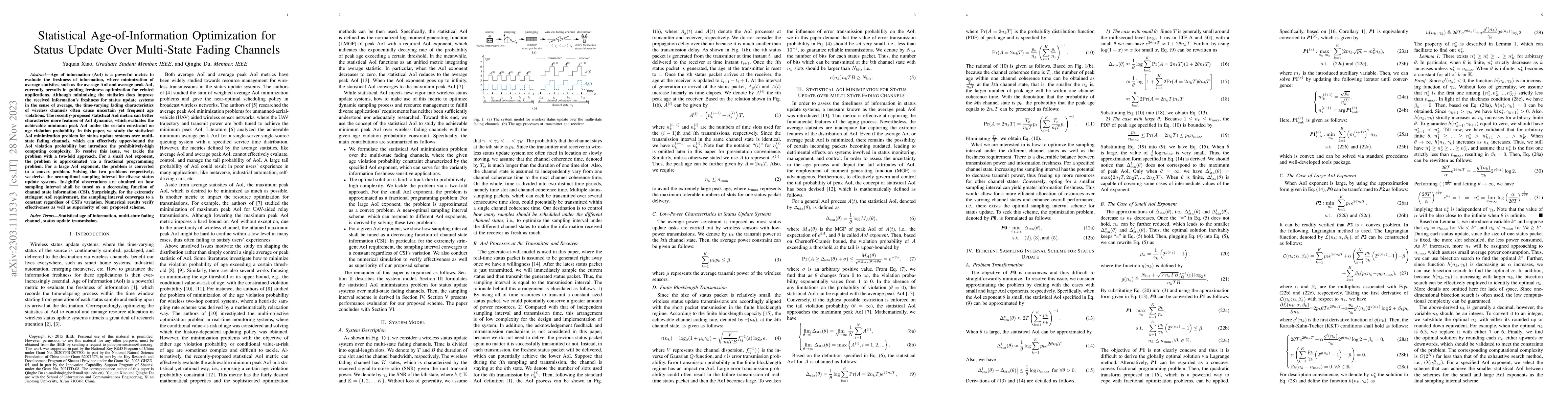 Thumbnail for Statistical Age-of-Information Optimization for Status Update over
  Multi-State Fading Channels