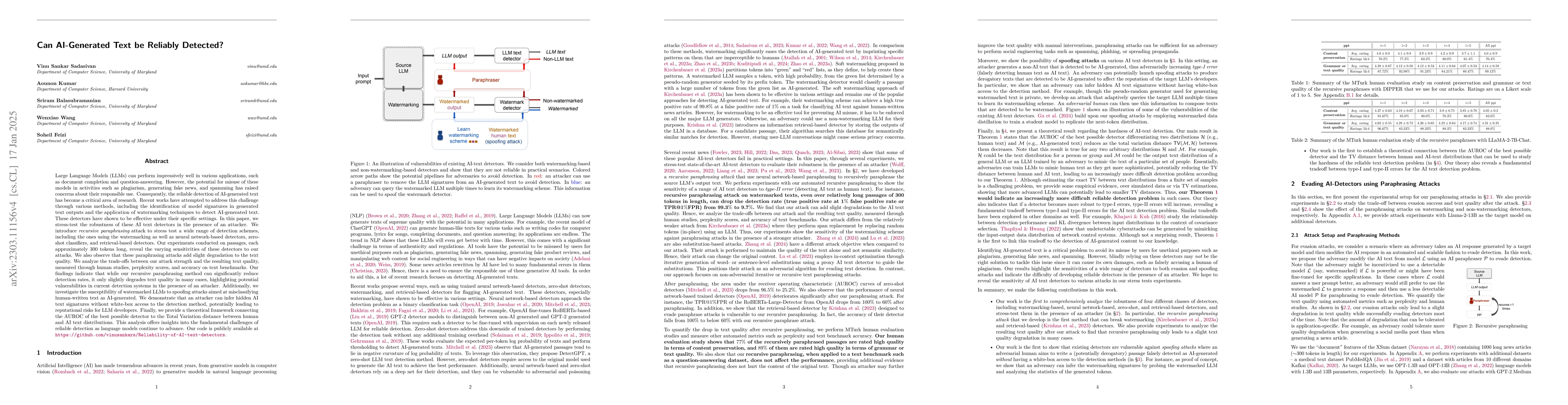 Thumbnail for Can AI-Generated Text be Reliably Detected?