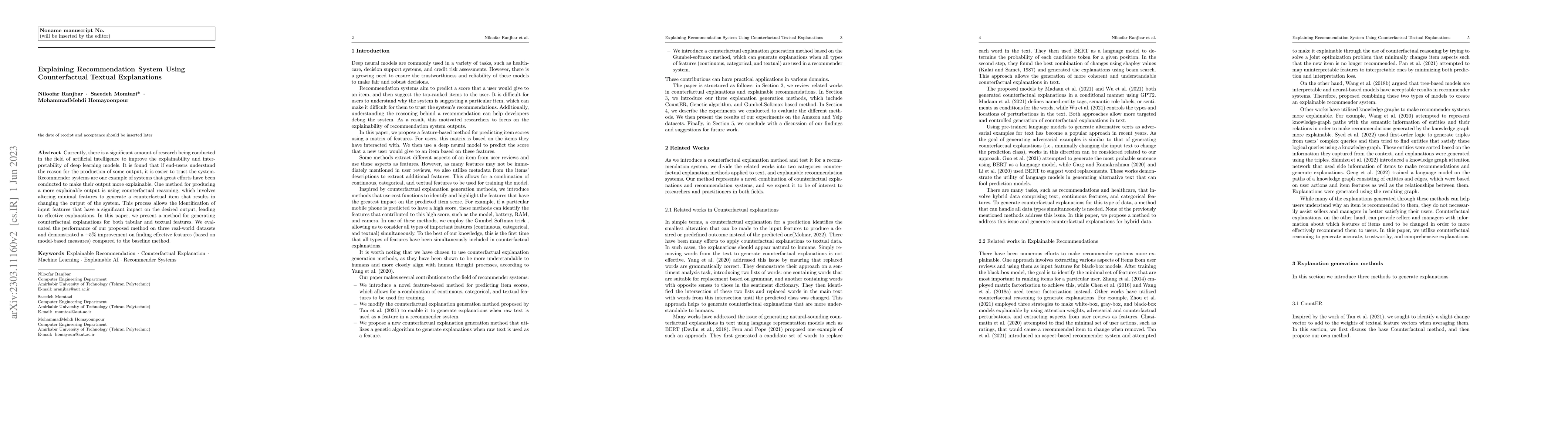 Thumbnail for Explaining Recommendation System Using Counterfactual Textual
  Explanations