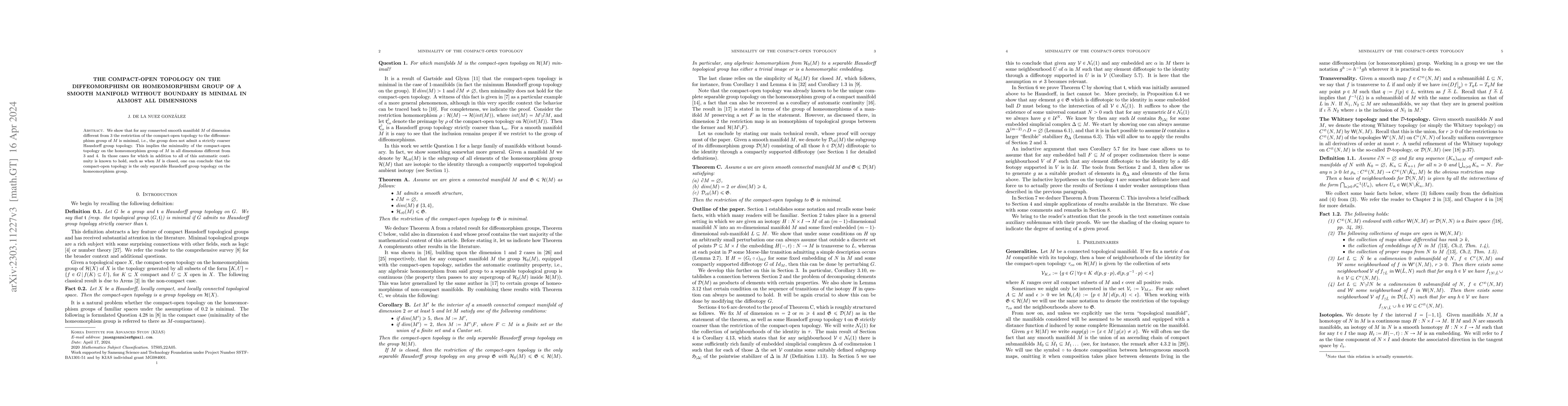 Thumbnail for The compact-open topology on the diffeomorphism or homeomorphism group
  of a smooth manifold without boundary is minimal in almost all dimensions