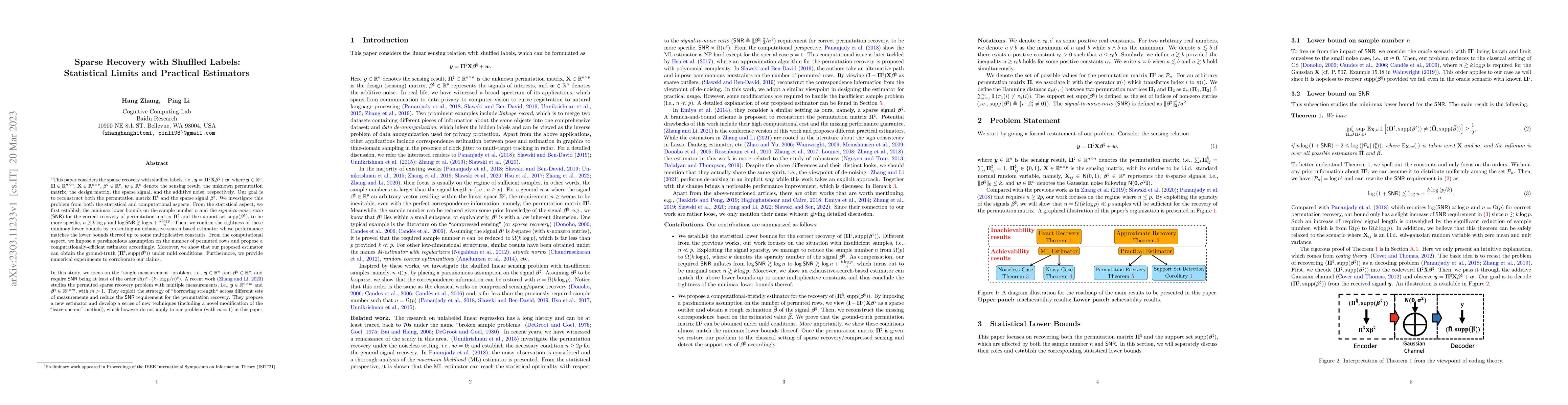 Thumbnail for Sparse Recovery with Shuffled Labels: Statistical Limits and Practical
  Estimators