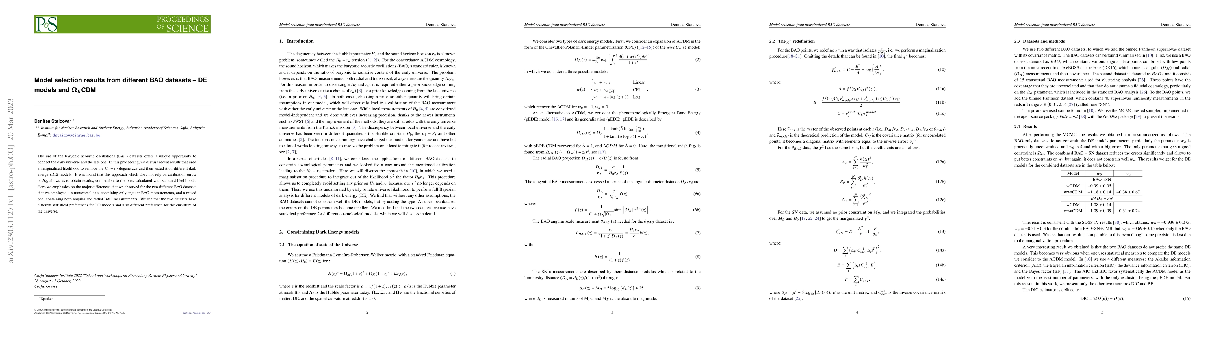 Thumbnail for Model selection results from different BAO datasets -- DE models and
  $\Omega_K$CDM