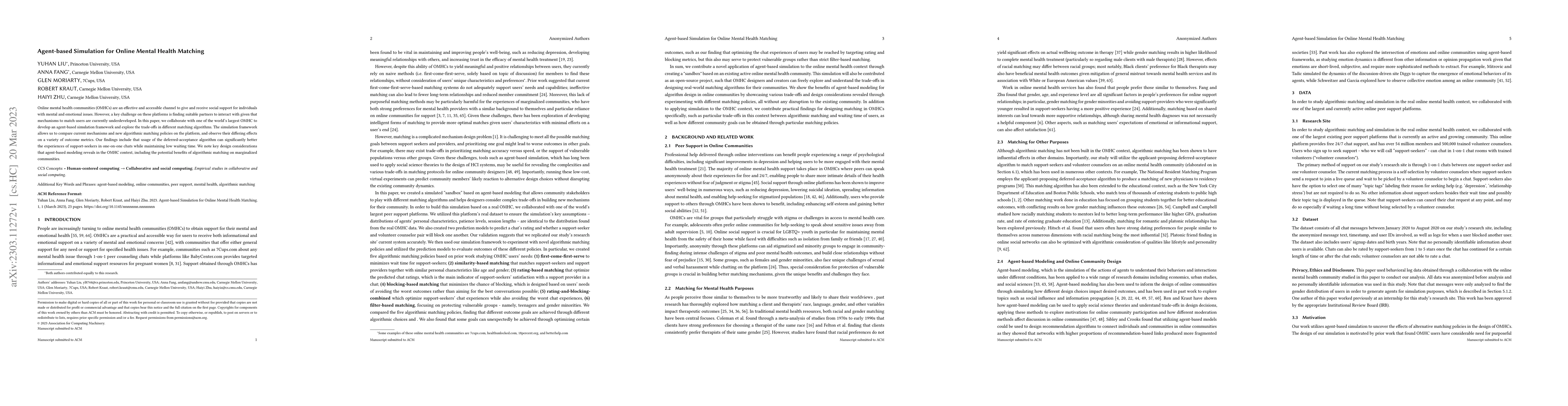 Thumbnail for Agent-based Simulation for Online Mental Health Matching