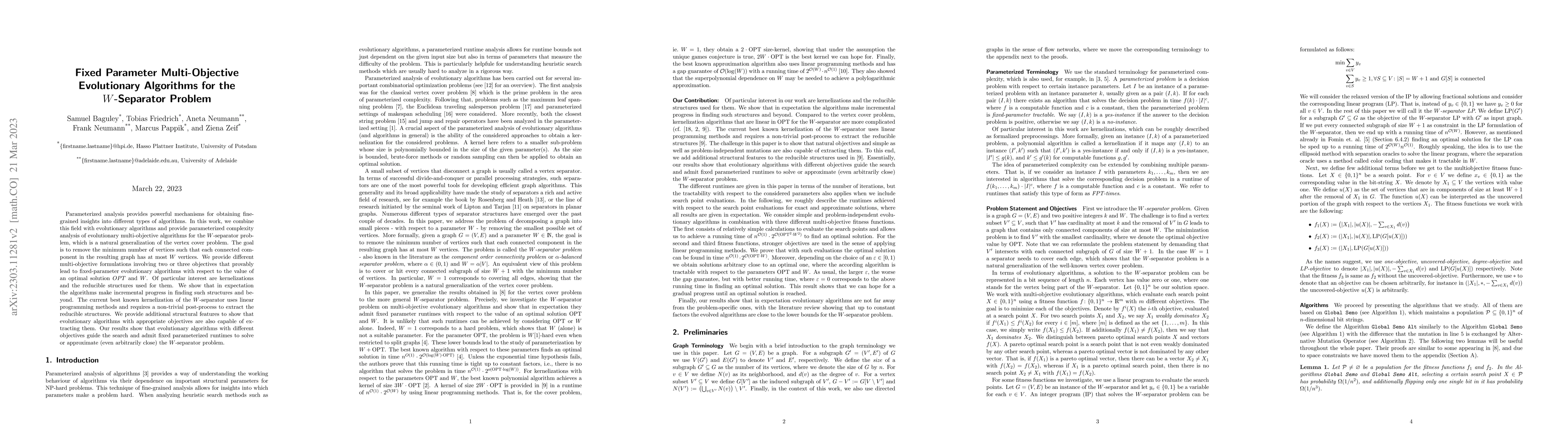 Thumbnail for Fixed Parameter Multi-Objective Evolutionary Algorithms for the
  W-Separator Problem