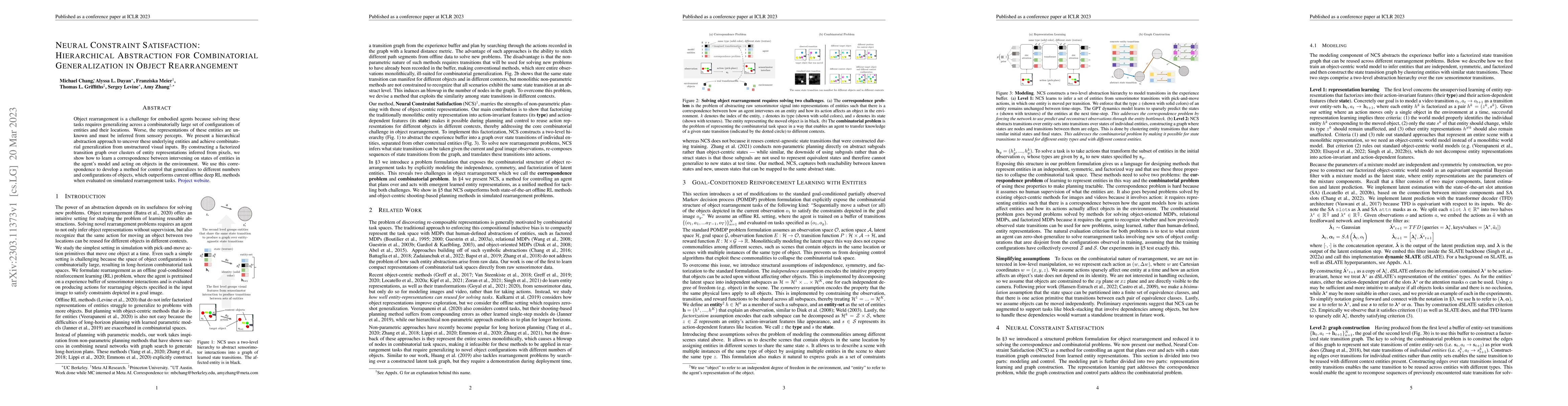 Thumbnail for Neural Constraint Satisfaction: Hierarchical Abstraction for
  Combinatorial Generalization in Object Rearrangement