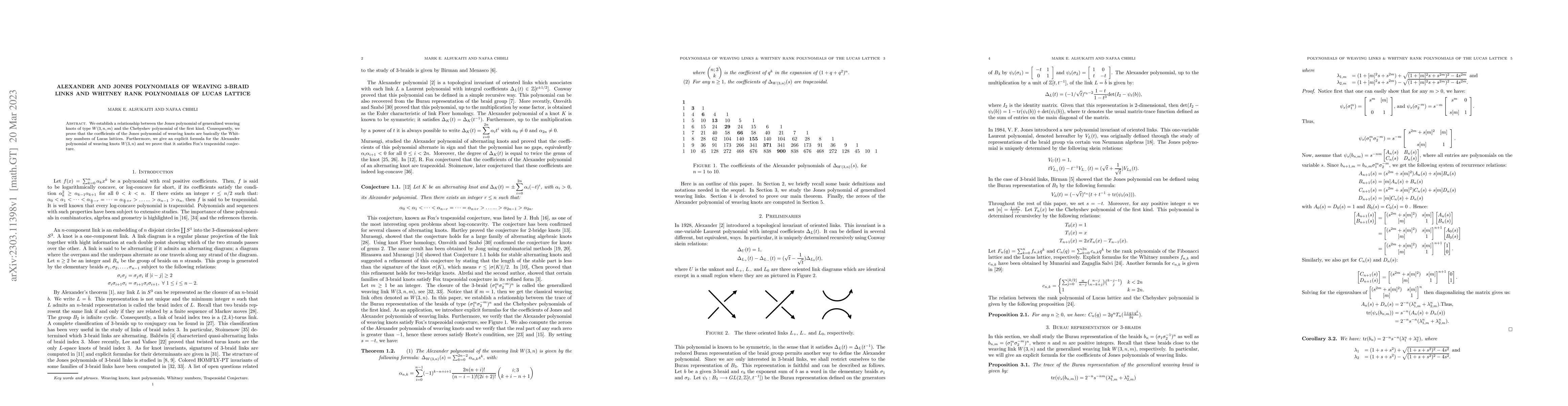 Thumbnail for Alexander and Jones Polynomials of weaving 3-braid links and Whitney
  rank polynomials of Lucas lattice