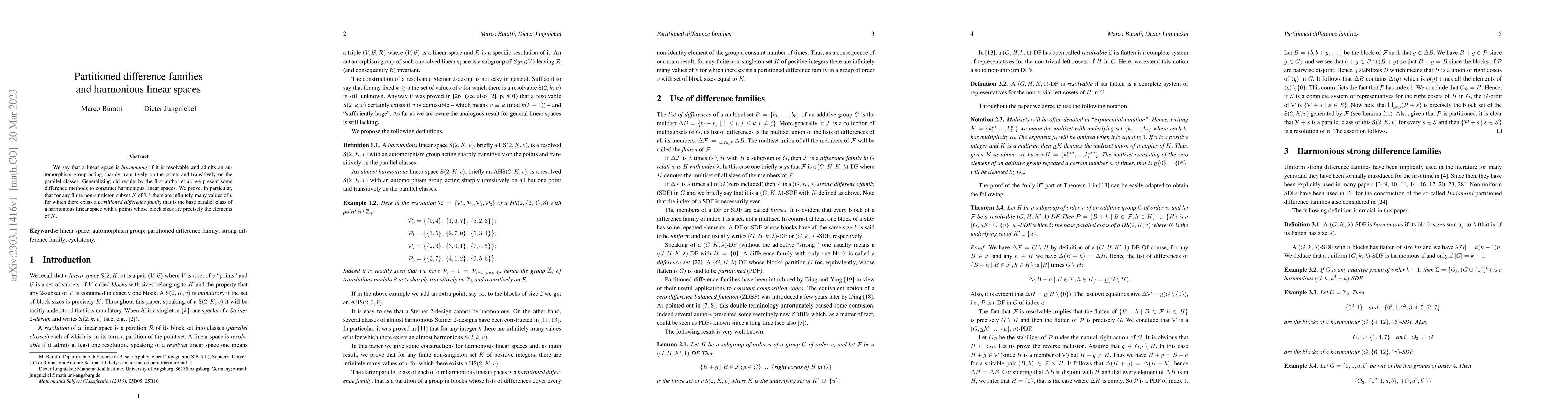 Thumbnail for Partitioned difference families and harmonious linear spaces