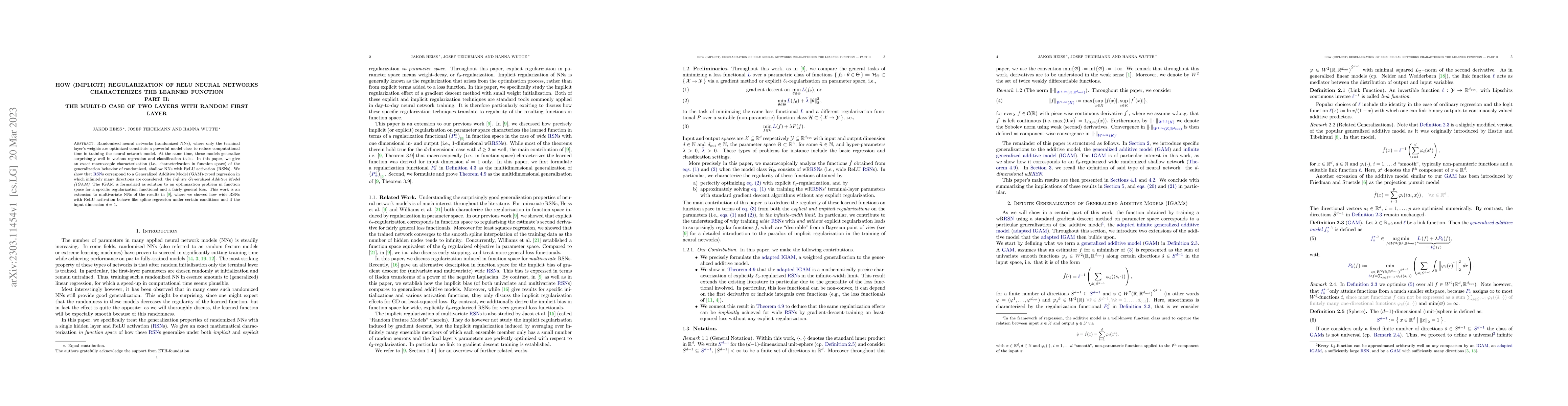 Thumbnail for How (Implicit) Regularization of ReLU Neural Networks Characterizes the
  Learned Function -- Part II: the Multi-D Case of Two Layers with Random First
  Layer
